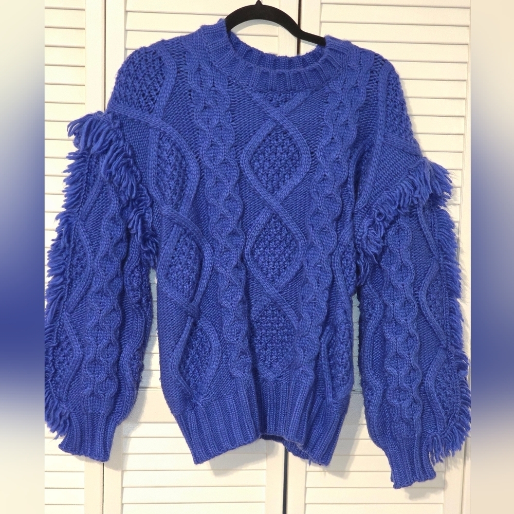 Fantastic Fawn Chunky Fringe Cable Knit Sweater | Royal Blue | Size Small NWOT - Picture 3 of 5